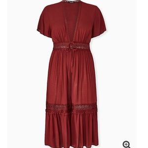 Brick Red Gauze Lace Inset Duster Kaftan
